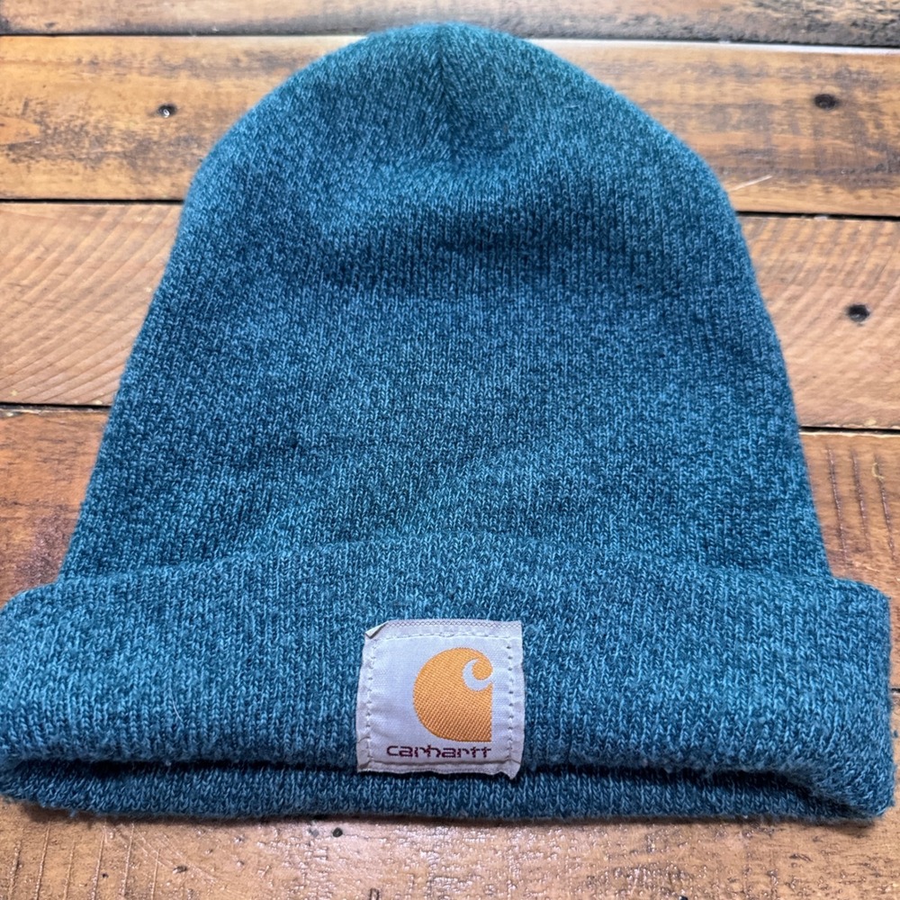 Carhartt Beanie Hat Kids OS Blue Marl Knit Cuffed Logo Patch Warm Winter Cap